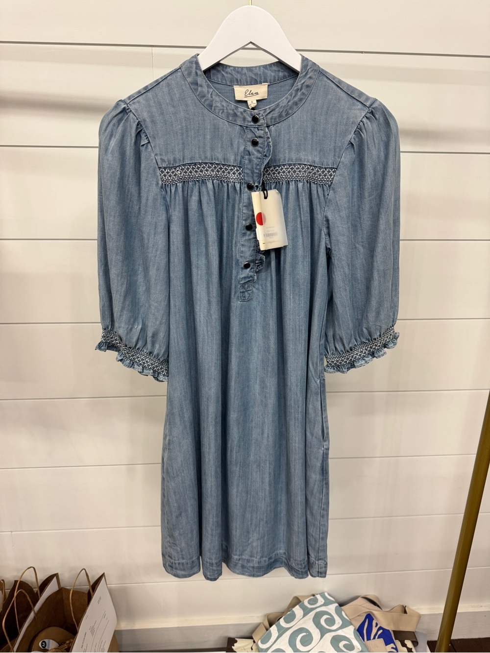 Elan Light Blue Denim Mini Dress with Smocked Trim